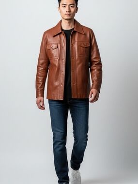 Men's Brown Faux Leather Shirt Jacket Men's Medium